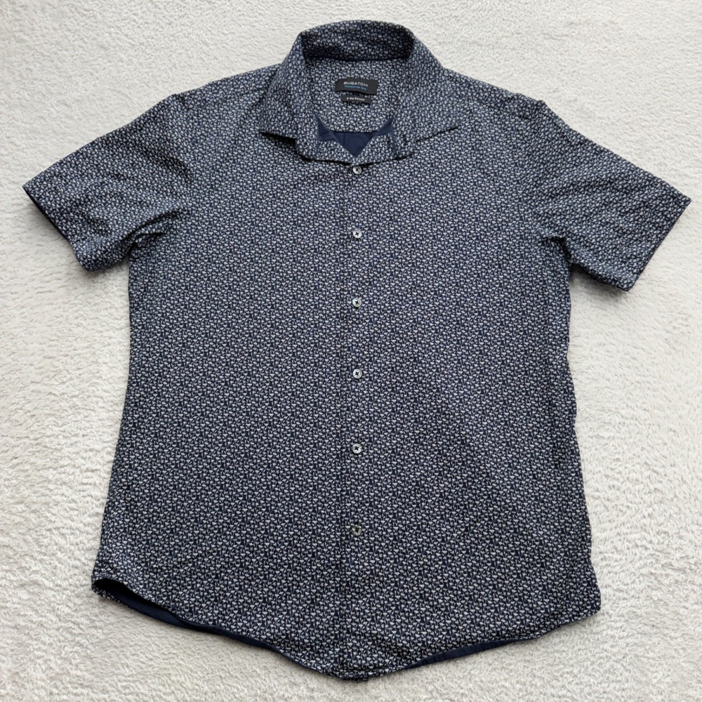 Bugatchi OoohCotton Tech Mens Navy Floral Micro Print 8-Way Stretch Shirt Size M